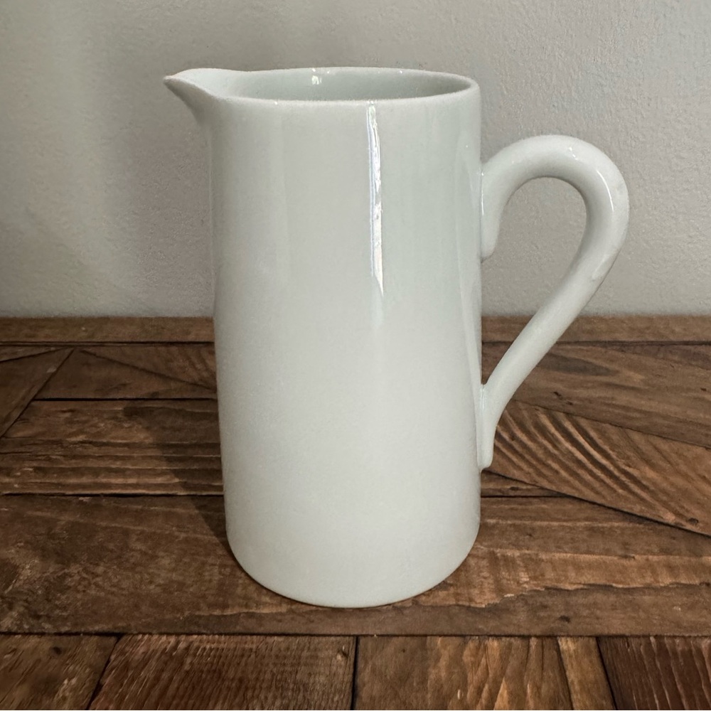 Vintage Giraud Limoges France White Pitcher With Leaf Motif on Handle. 6” tall